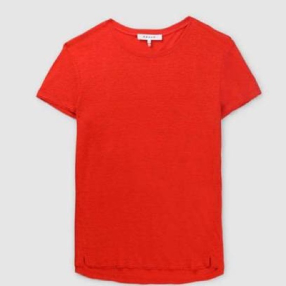 FRAME Sunk Organic Linen T-Shirt in red orange. XXS